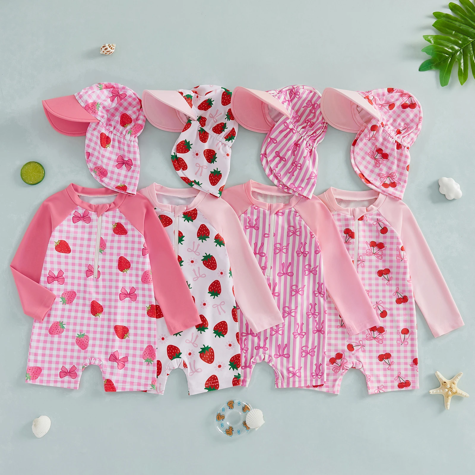 VISgogo Toddler Girl Rash Guard Swimsuit Strawberry/Bow/Cherry Print Long Sleeves Front Zipper Bathing Suit with Hat