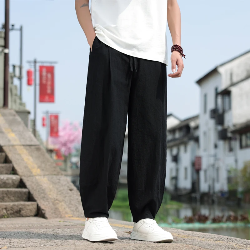 

New Chinese style Linen Men's Pants Comfortable and Fashionable High Street Sports High Quality Large Hombre Lantern Pants 2024