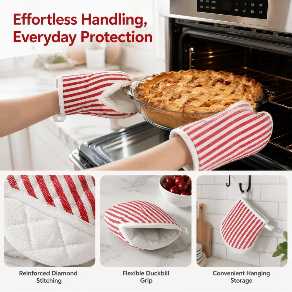 2PCS Cotton Filling Oven Mitt Mini Heat Resistant Kitchen Oven Glove Striped Hanging Loop Cooking Mitten
