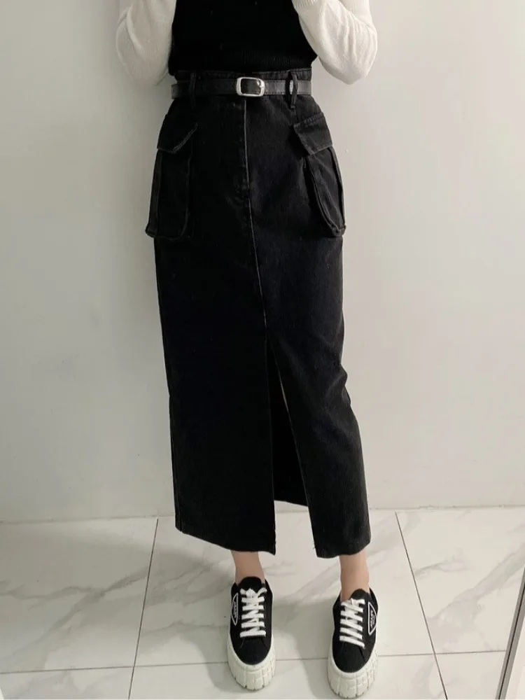 

Утягивающая рабочая одежда с высокой талией, джинсовая юбка-миди с большими блоками и разрезами, уличная одежда, чистый цвет, сезон весна-осень