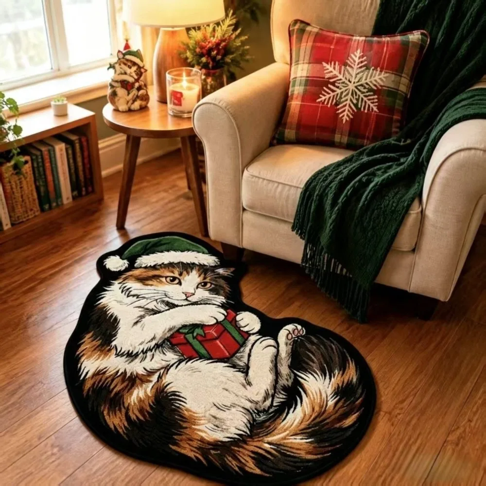 Cute Cat Pattern Christmas Cat Doormat Stain Resistant Easy To Clean Bathroom Floor Mat Non-Slip Soft Indoor Floor Rug