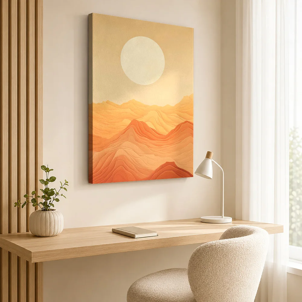 Sun Above Layered Desert Hills Framed Canvas Poster Personalized Photo Stylized Graphic Illustration Wall Art For Guest Room