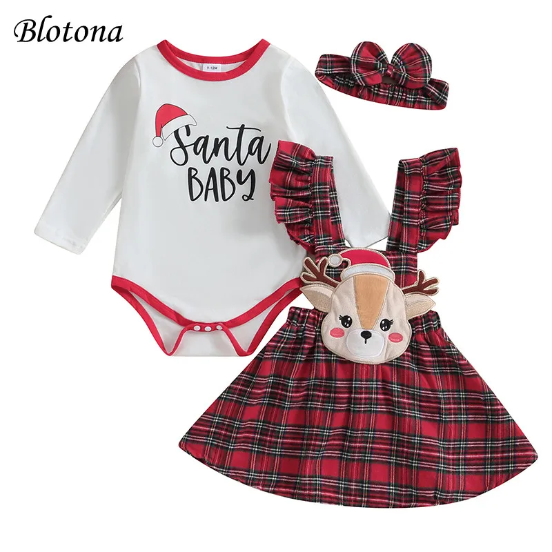 

Blotona Baby Girls Christmas Outfit, Long Sleeve Letters Print Romper with Elk Plaid Suspender Dress and Headband Set 0-18Months