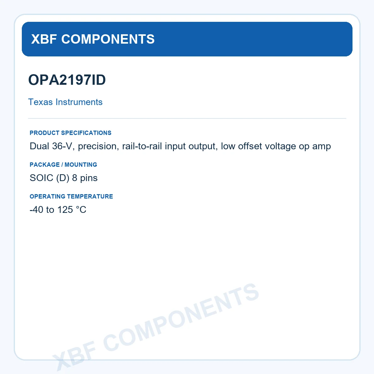 OPA2197ID Texas Instruments Operational Amplifier Op Amp 36-V SOIC (D) 8 pins
