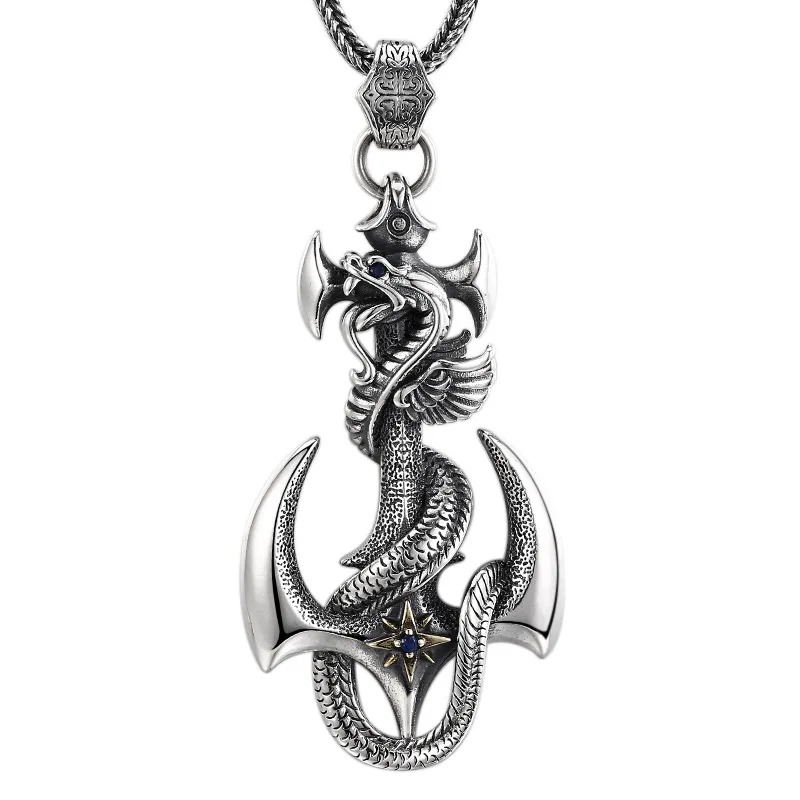 

Unisex 925 Sterling Silver Anchor Pendant Necklace - Antique Finish Flying Snake Design Gothic Jewelry Gift