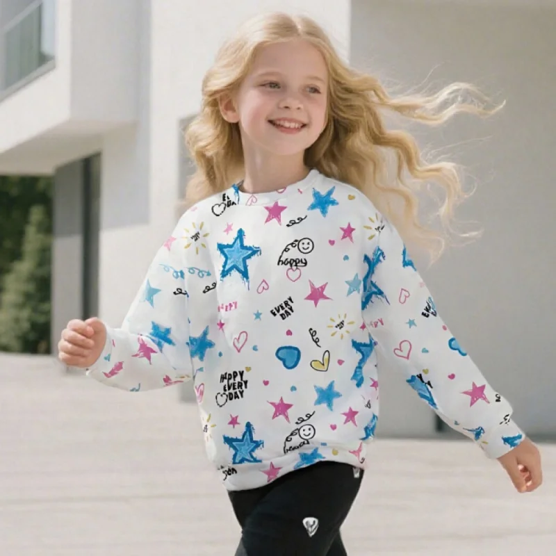 Moletom infantil casual com gola redonda – blusa branca de manga comprida com estrela azul, coração e estampa gráfica "feliz todos os dias"