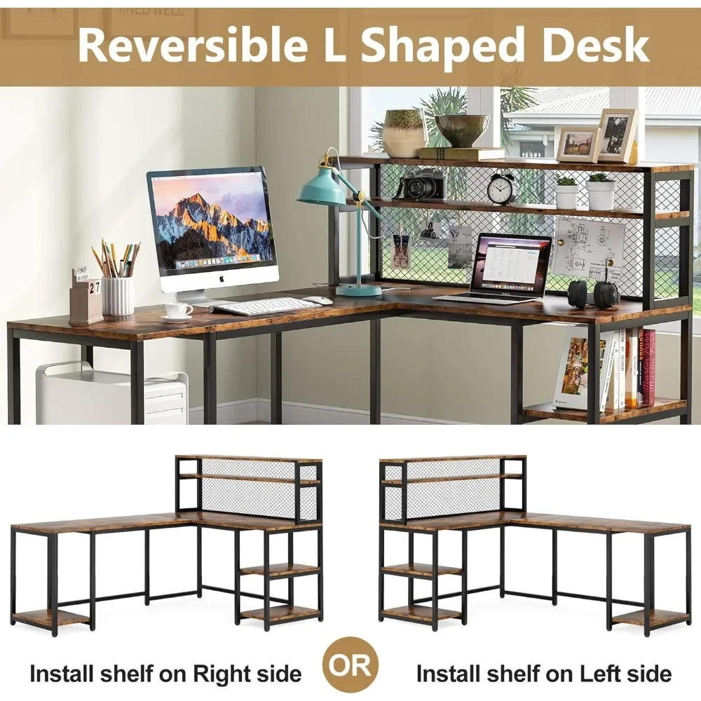 67 "L-Vormig Bureau Met Hok, Industrieel Computerhoekbureau Met Opbergplanken, Groot Studieschrijftafelwerkstation