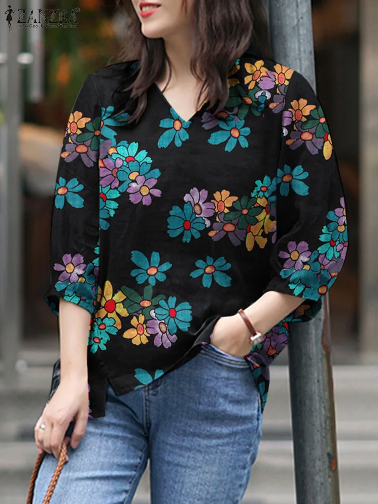 Vintage Casual Loose Tunic Tops 2024 ZANZEA Summer V Neck 3/4 Sleeve Blouse Bohemian Female Holiday Blusas  Floral Printed Shirt