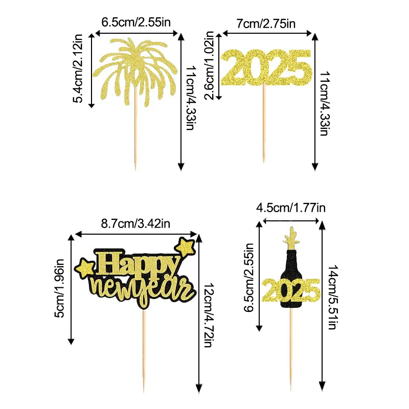 12 قطعة بريق 2025 عدد كب كيك القبعات العالية الذهب الأسود سنة جديدة سعيدة حفلة كعكة ديكور عيد ميلاد سعيد الحلوى كب كيك زينة