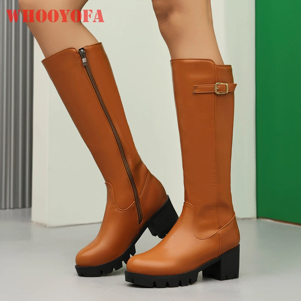 

New Winter Sweet Yellow Black Women Knee High Boots 6cm High Square Heels Lady Dress Shoes Plus Big Size 10 43 46