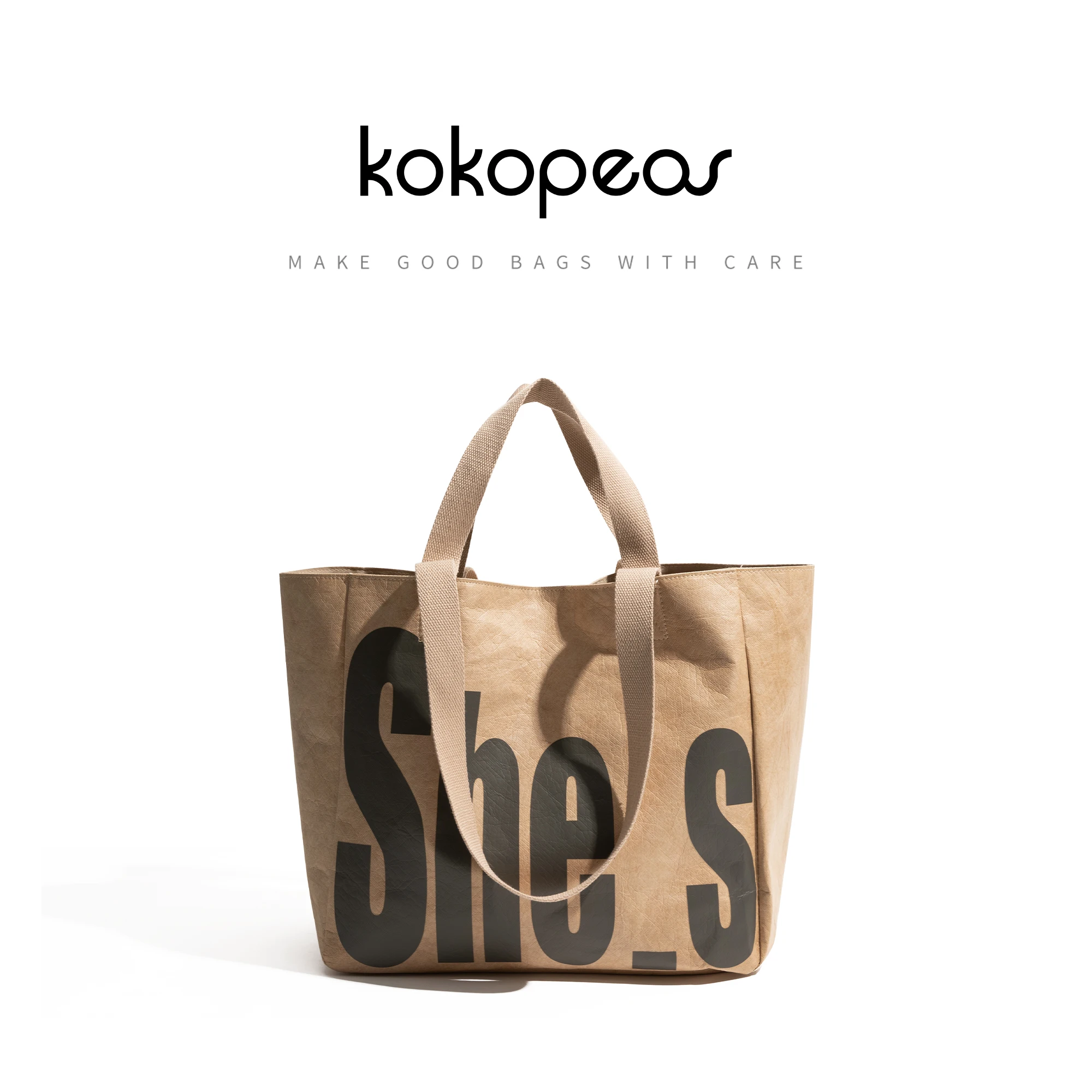 

KOKOPEAS Kraft Paper Letter Printed Tote Handbag Stylish Large Capacity Shopping Grocery Bag Double Side Simple Shoulder Purse