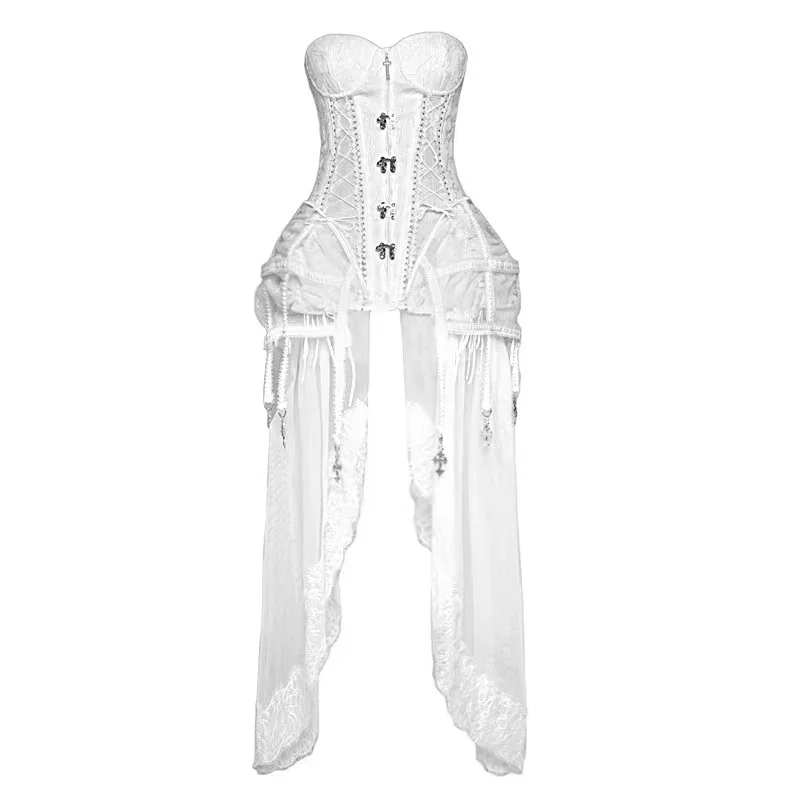 White Gothic Dark Style Women\'s Jacquard Fishbone Strap Corset Birdcage Lace Gauze Skirt New Summer Skirt Set Female Outfits