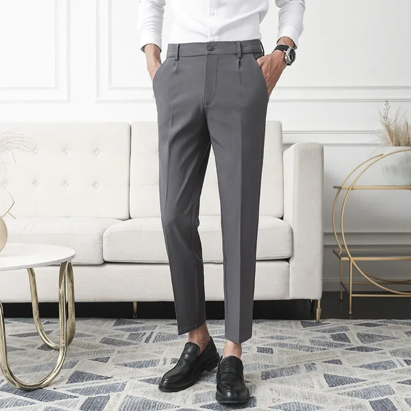 Pop Slim Straight Non-iron Dress Pants Men Business Casual Little Feet Suit Pants Classic Black Apricot Dark Gray Male Trousers - Image 3