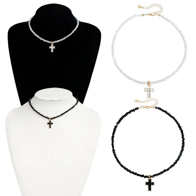 Triangular Crystal Cross Pendant Necklace Black White Collarbone Chain Elegant Religious Jewelry for Women Daily Party Wear Gift