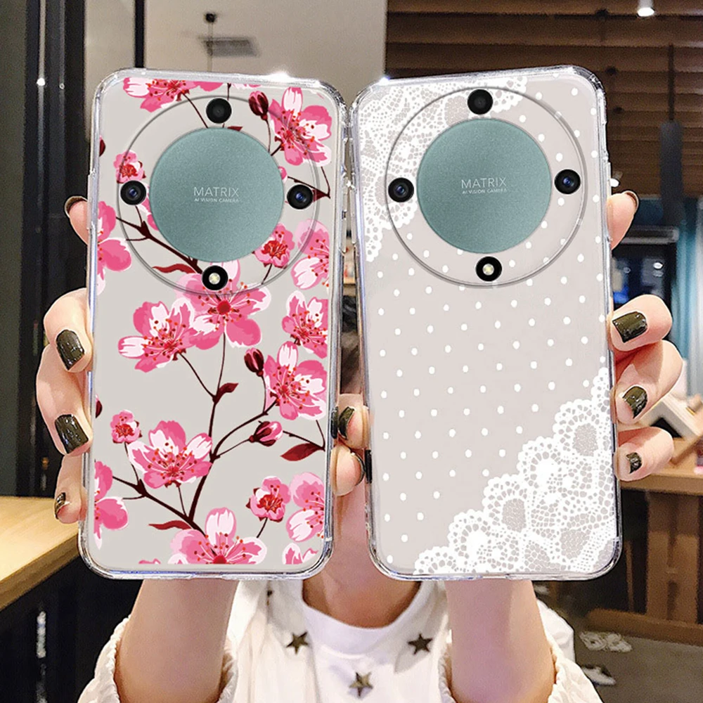 Romantische Spitzenmuster Rosa Blumen Handyhülle für Honor X9c X8a X9b X9a X8c X7a X7c X7d X7b X6b X6c X8b Klare Transparente Hülle