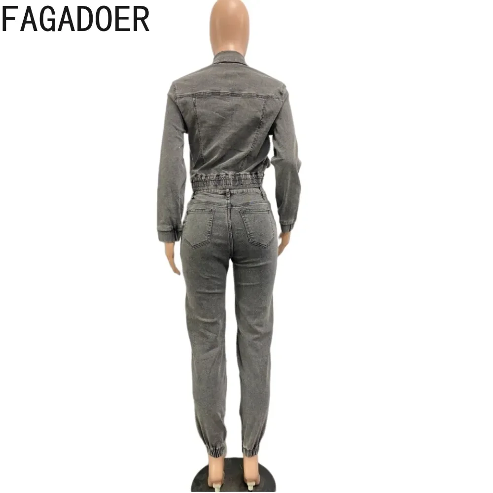 FAGADOER Gray Casual Denim Pocket Skinny Pants Two Piece Sets Women Turndown Collar Button Long Sleeve Coats + Pants Outfit 2023