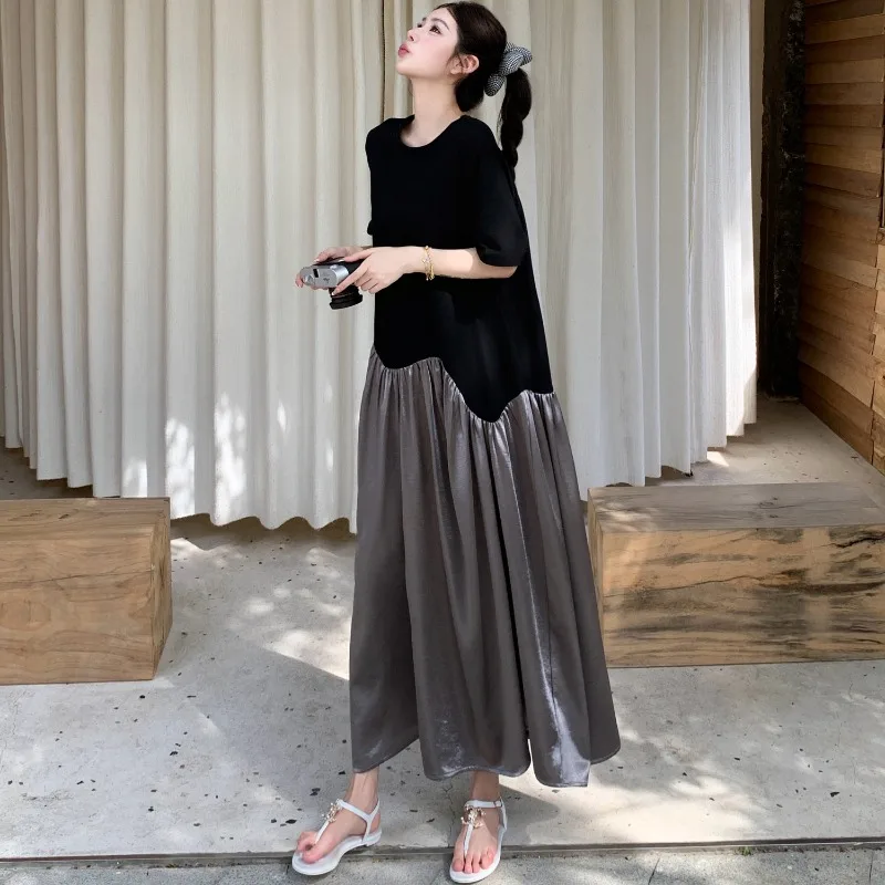 カジュアルルーズOネック半袖パッチワークマキシワンピース 夏 レディースワンピース 新作 スキニー ハイウエスト Aライン マキシTシャツワンピース