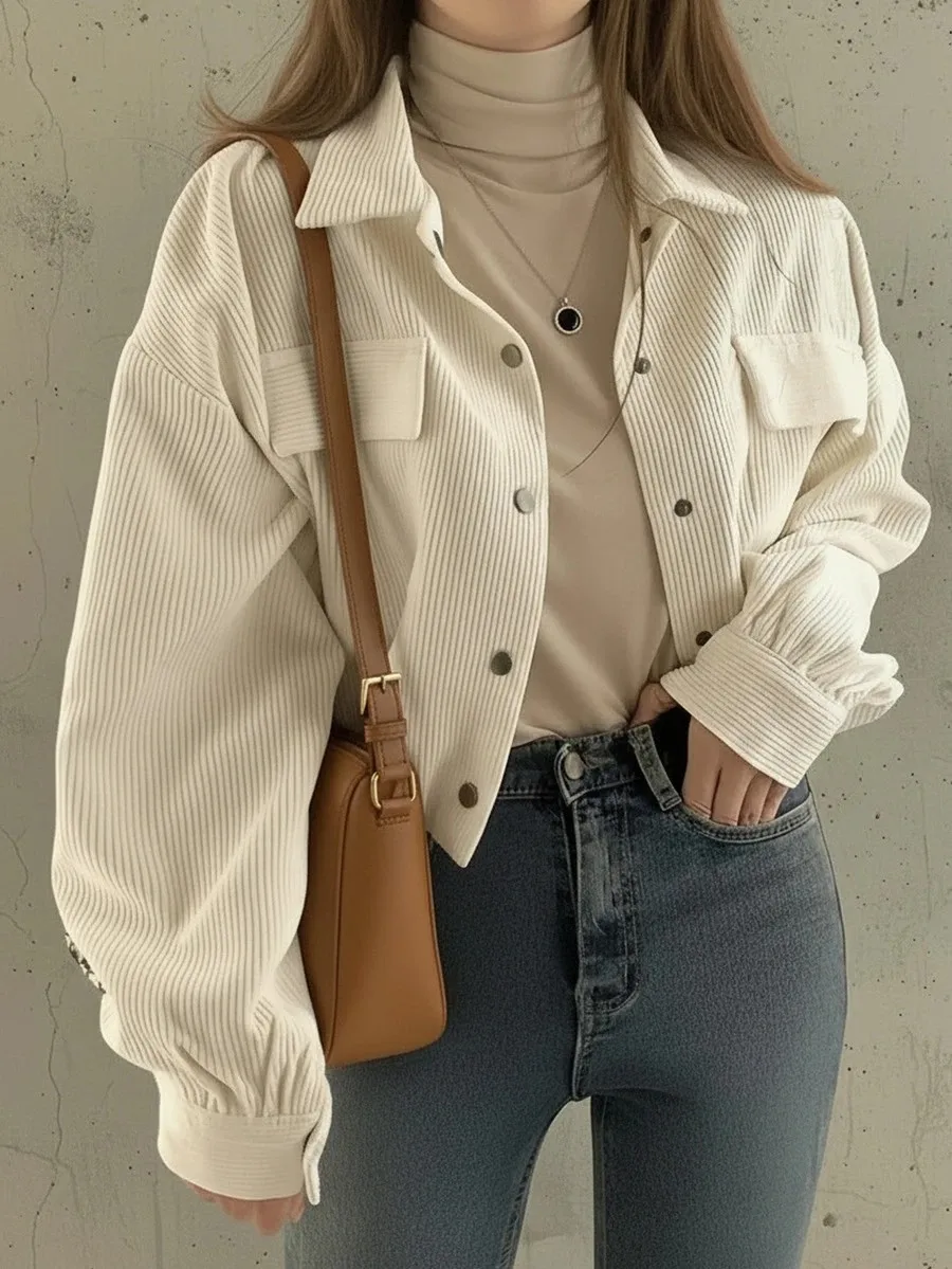 2026 Autumn/Winter New High Street Fashion Women's Short Coat Solid Color Button Long Sleeve Collar Corduroy Jacket Tops