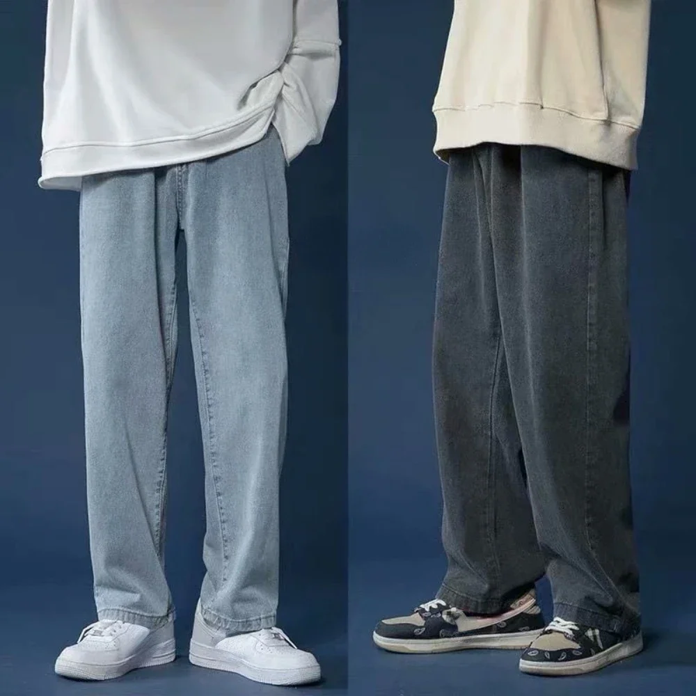 กางเกงยีนส์ผู้ชายสไตล์เกาหลี รุ่นนักเรียน ลำลอง ทรงตรง ขากว้าง สไตล์สตรีท สีดำ เทา น้ำเงิน กางเกงทรงหลวม
