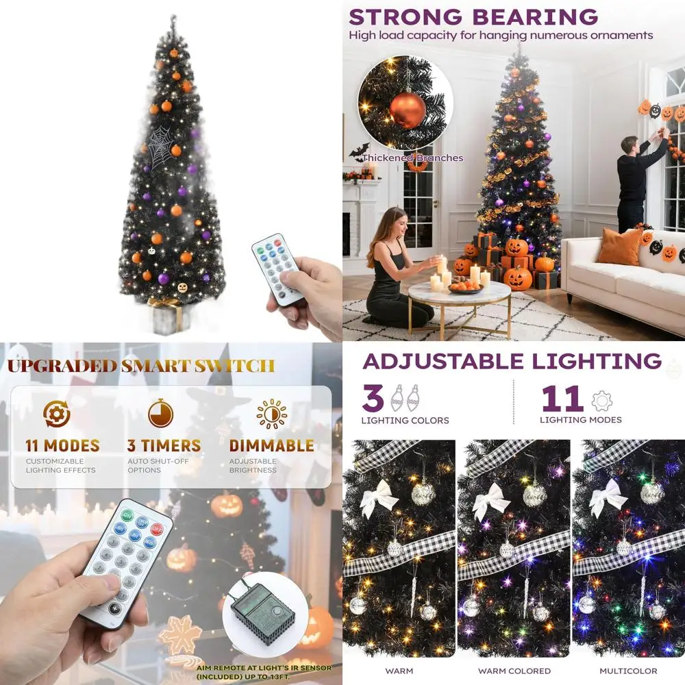 

6-Foot Remote-Controlled Slim Black Christmas Tree with 700 Tips and 200 Lights for Festive Decor