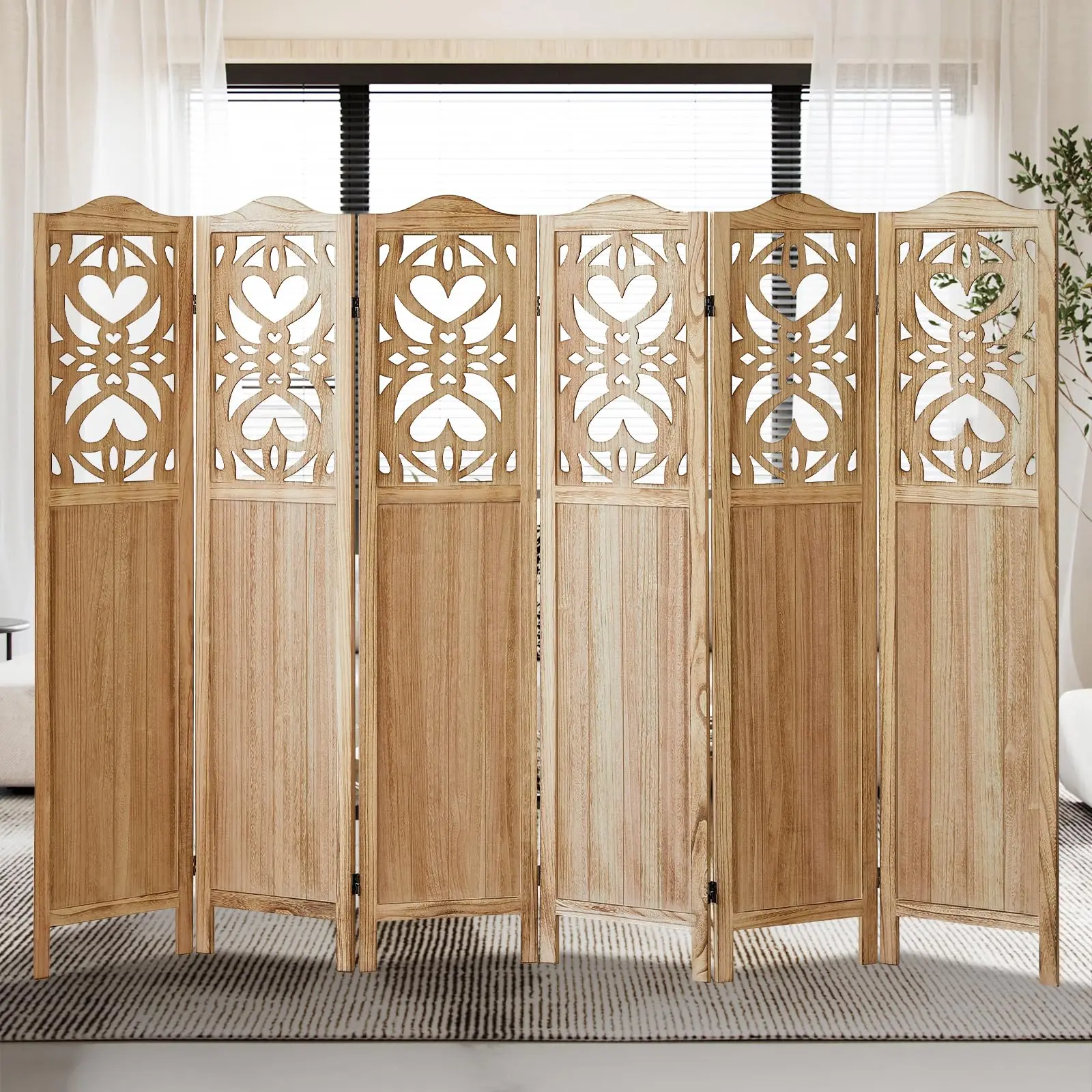 6-Panel Room Divider, 5.6ft Tall Freestanding Room Partition Wall & Privacy Sn, Foldable Wood Carved Room Separator for