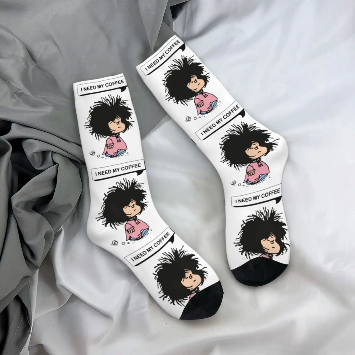 New Male Men Socks Casual Tousled Mafalda That Needs Coffee Sock Quino Comic High Quality Women Stockings Spring Autumn Winter