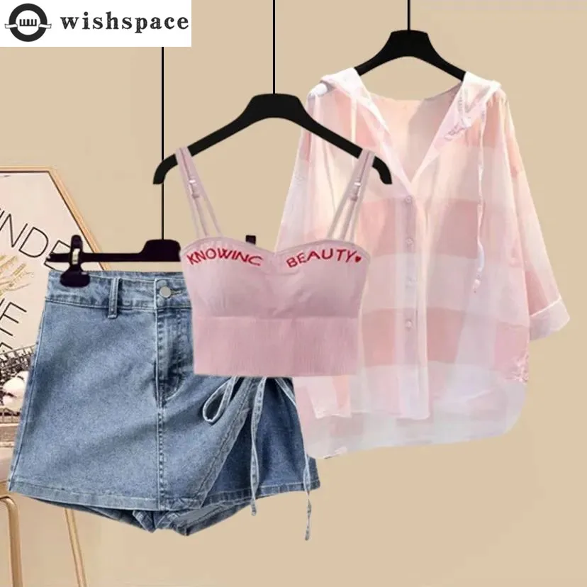 

Asymmetric Denim Shorts Checkered Panels Sunscreen Chiffon Shirt Hoodie Letter Strap Three Piece Elegant Women's Shorts Set