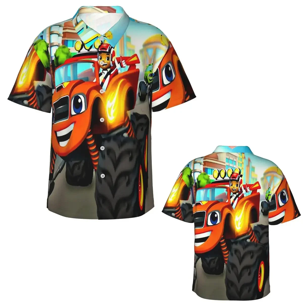 Blaze And The Monster Machines Hawaiian Shirts Funny Men Short Sleeve Shirt for Summer Beach Men's Button Tops
