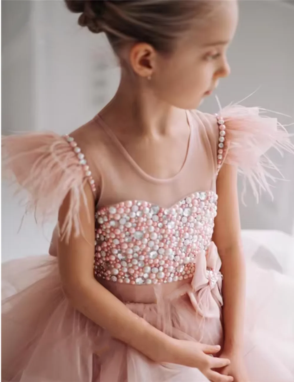 Pink Ruffles Feather Pearls Elegance Flower Girl Dress with Bow Puffy Wedding Princess Baby Birthday Prom Gown for Girls