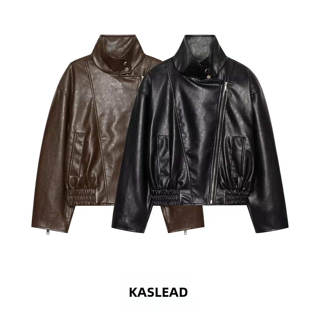 KASLEAD New Women's Fashion High-End Versatile Design Sense Coated Jacket 1341972 Short Sleeve Zipper Polyester Fiber 100%