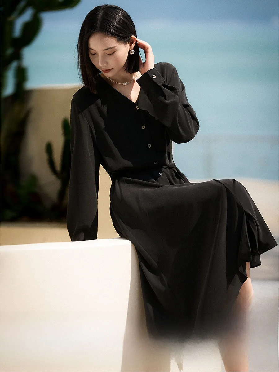

Elegant Swallow Neck Silk Dress Spring New Arrival Women's Fashion Commute Style Long Sleeve V-Neck Button up A-Line Skirt
