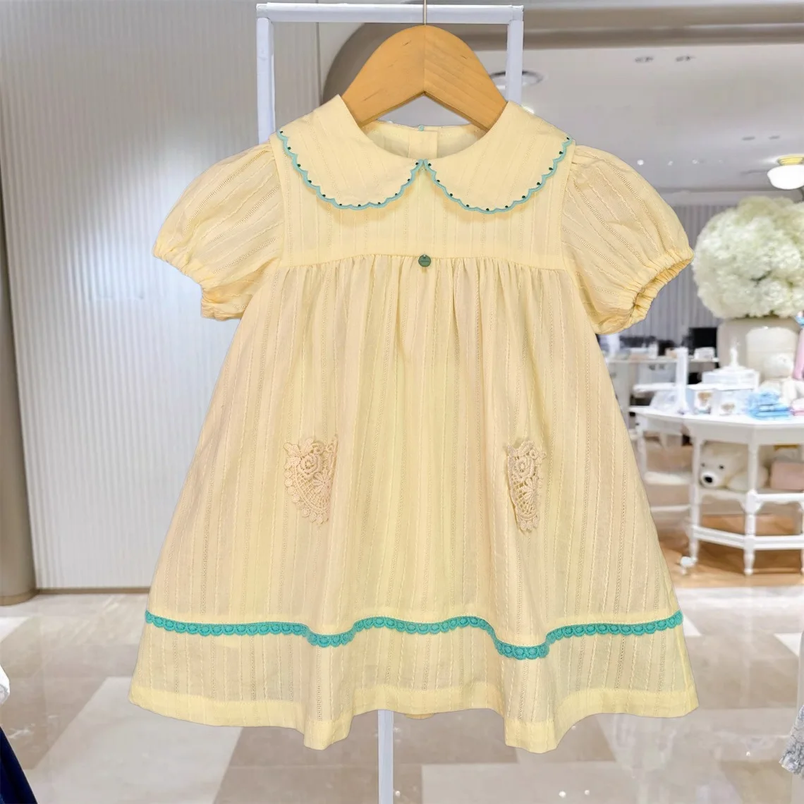 幼児女の子黄色のピーターパンカラードレス夏パフ半袖レース刺繍キッズカジュアルaラインプリンセスドレス
