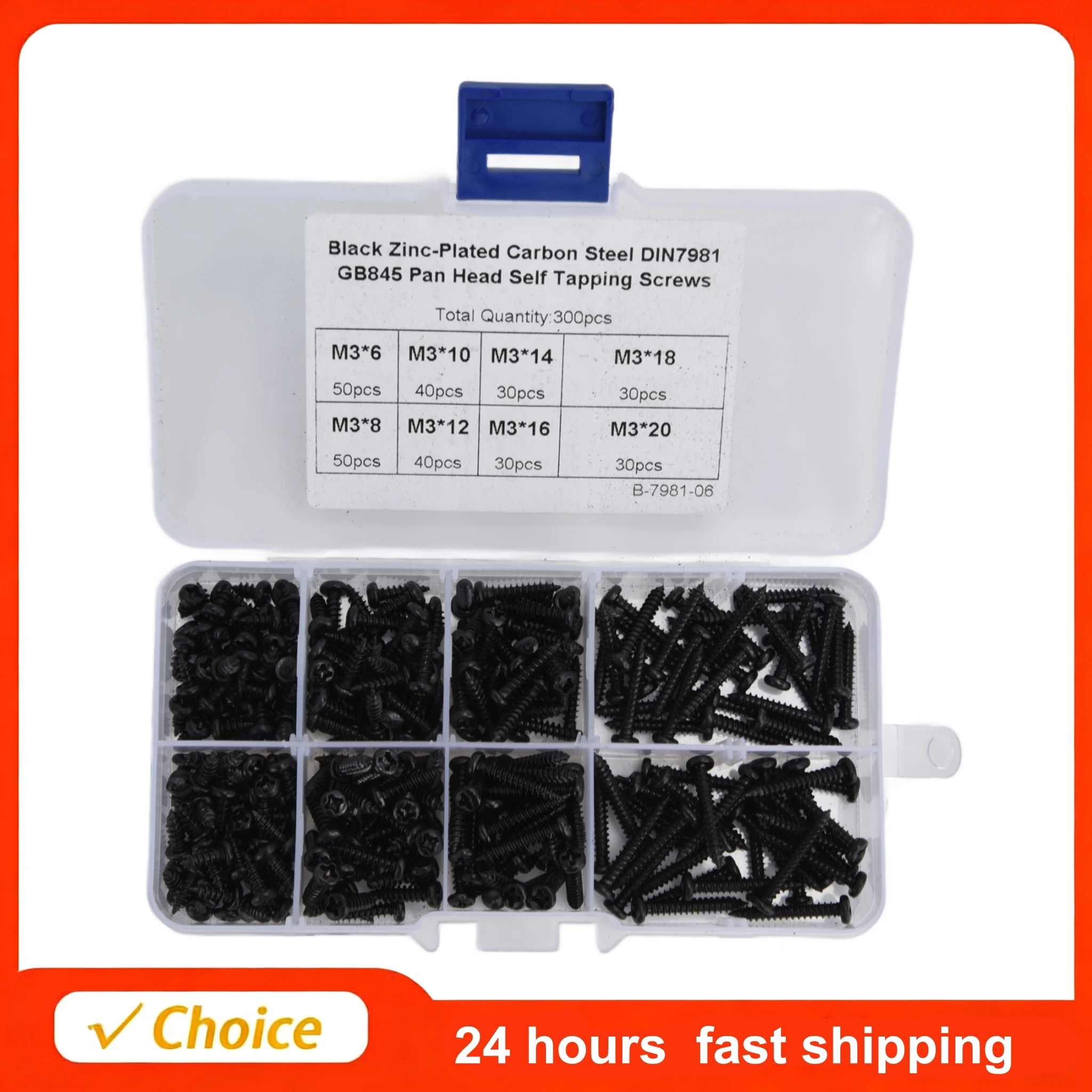 300Pcs Self Tapping Screws Cross Pan Head Screws Combination Set Carbon Steel M3 Black Screw With Durable Box Assortment Kit