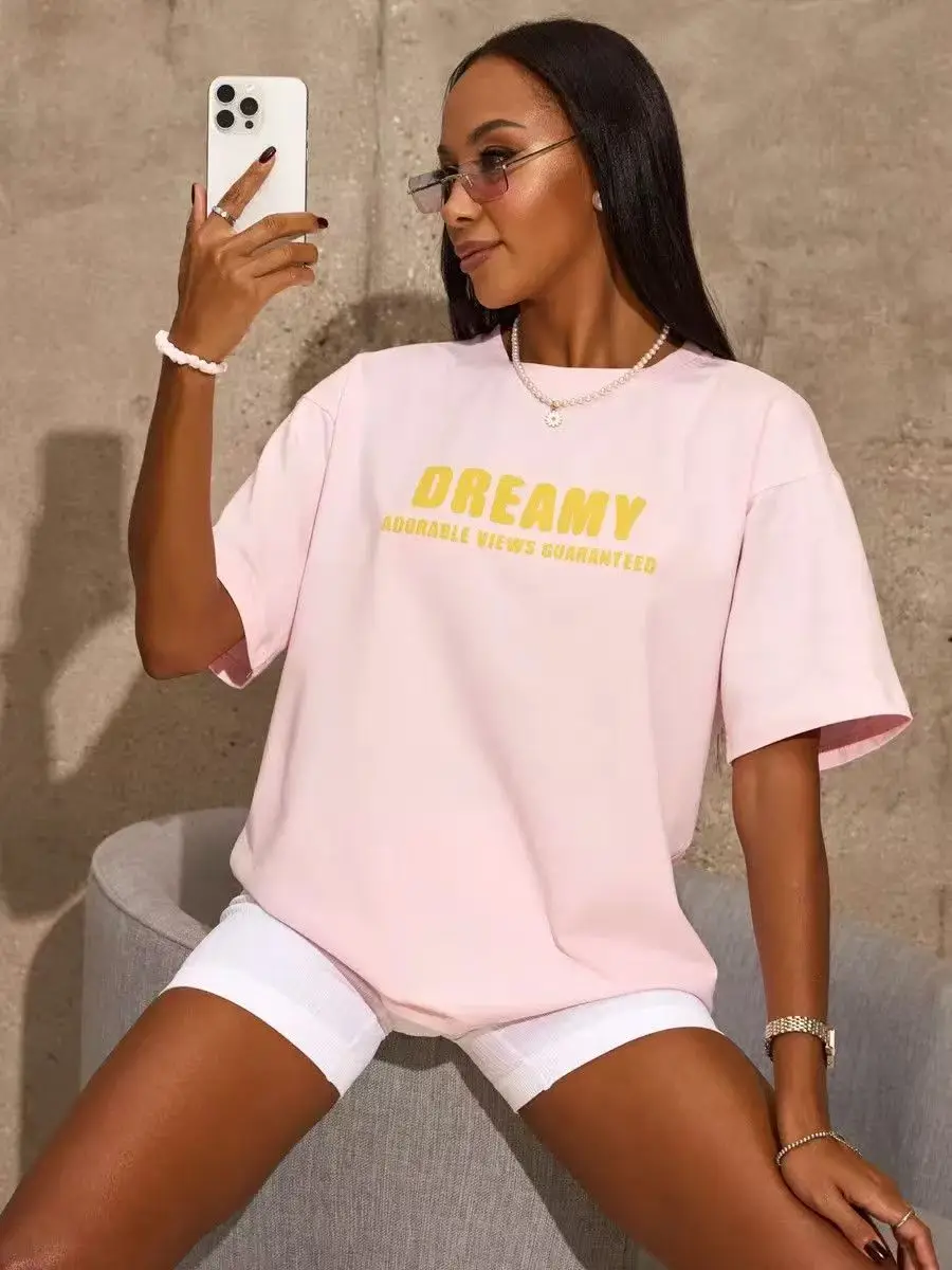 “DREAMY ADORABLE VIEWS GUARANTEED” Funny Letter Printing 100% Cotton Pink All-match Slimming Comfortable Women's T-shirt Tops