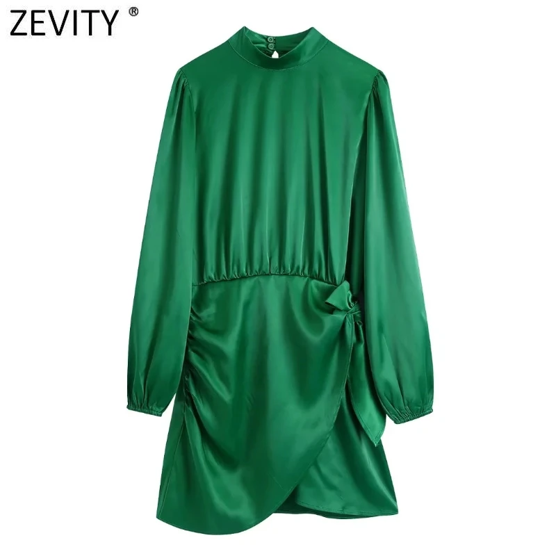 ZEVITY Women Fashion Half High Collar Side Bow Tied Green Soft Satin Mini Dress Female Chic Irregular Hem Party Vestidos DS9085