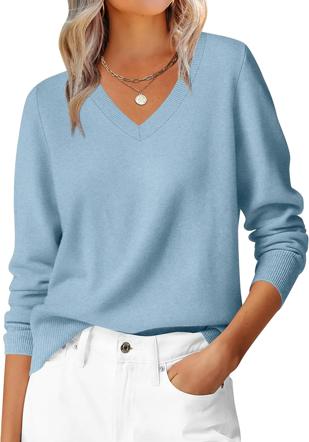 

ZENFLEX Womens Long Sleeve V Neck Sweaters 2025 Fall Casual Classic Soft Loose Fit Basic Pullover Jumper Top