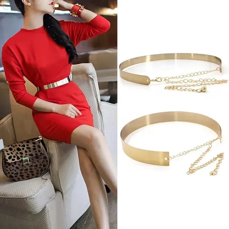 New Women Adjustable Metal Designer Belt Fashion Ladies Dress Luxury Bling Gold Silver Mirror Vintage Waistband with Waist Chain