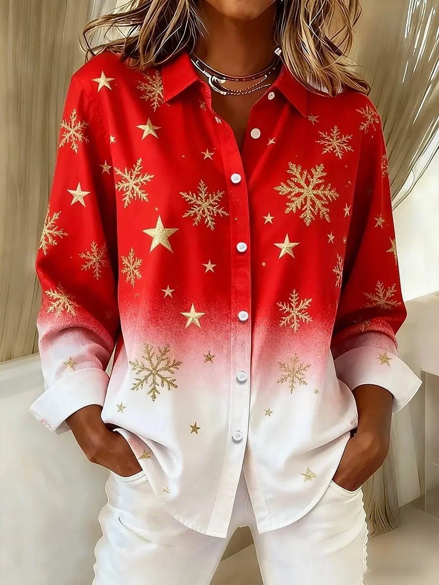 2025 Christmas Theme Women's 3D Printed Snowflake Long Sleeve Shirts Casual Christmas Blouse for Party Button-Up Tops For Women