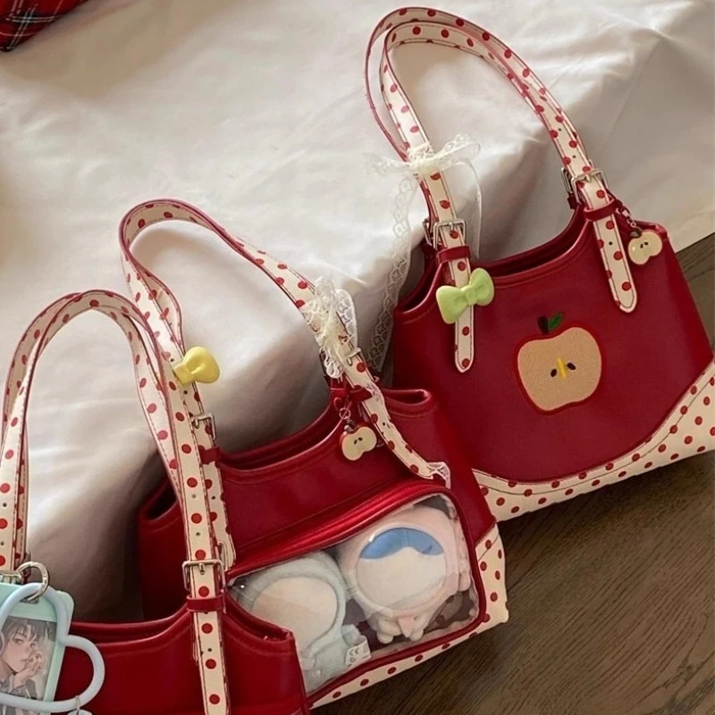 

Apple Embroidery Shoulder Bag Sweet Transparent Ita Bags for Woman Underarm Bolso Dot Print Sac Femme Practical Bolsos Mujer