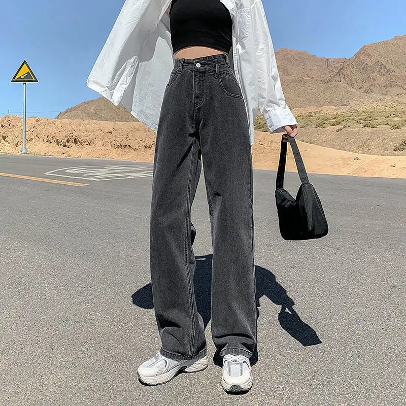 Calças de brim femininas cintura alta chique denim moda calças largas perna lazer comprimento total retro sólido todos os jogos femme solto adolescente