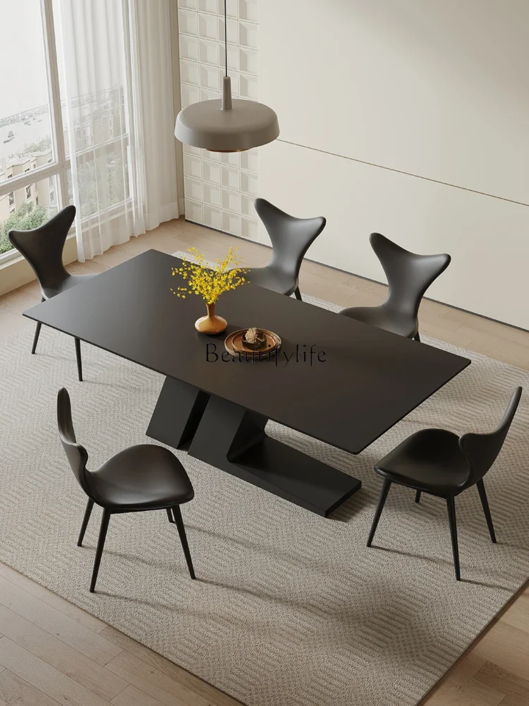 

Black Stone Plate Dining Tables and Chairs Set Modern Simple Small Apartment Rectangular Dining Table