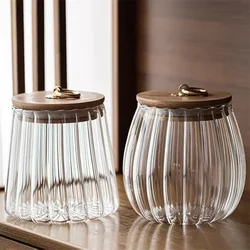 Tea Can Candy Can Kitchen Miscellaneous Grain Storage Can Transparent Glass Sealed Jar with Pull Ring Wooden Cover