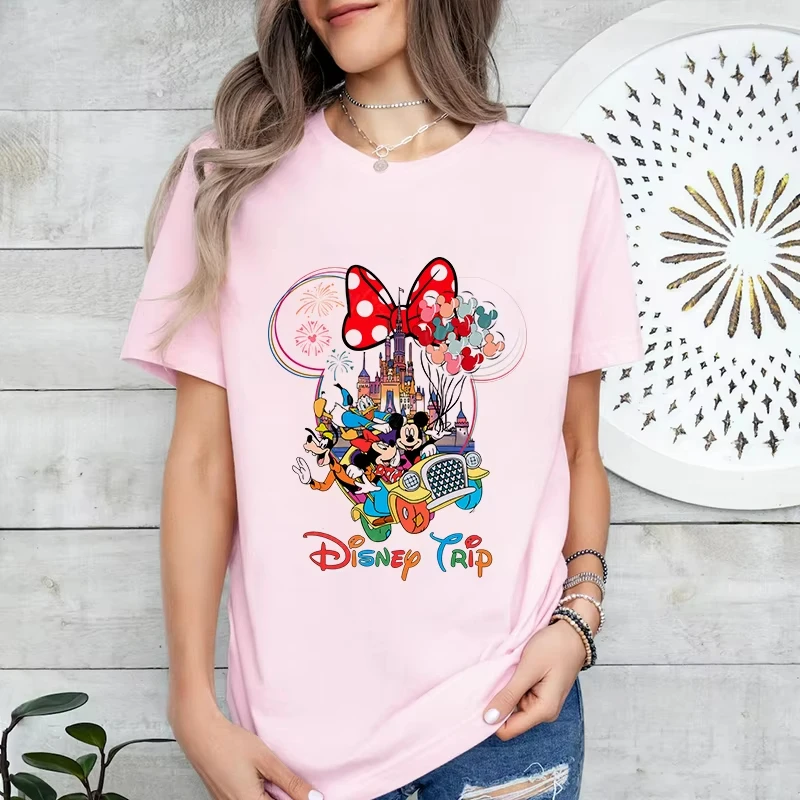 

Женская летняя модная футболка с принтом головы Минни Disney Trip из чистого хлопка, повседневный топ с короткими рукавами, свободная одежда