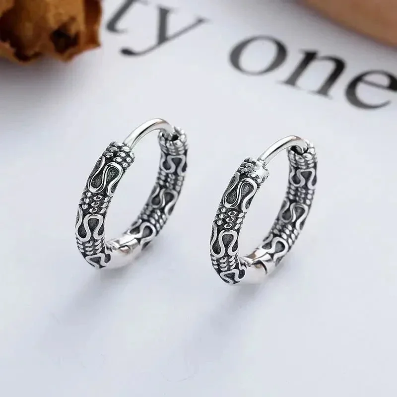 Retro Pattern Hoop Earrings Stainless Steel Hypoallergenic Earrings Women's Fashion Boho Style Jewelry