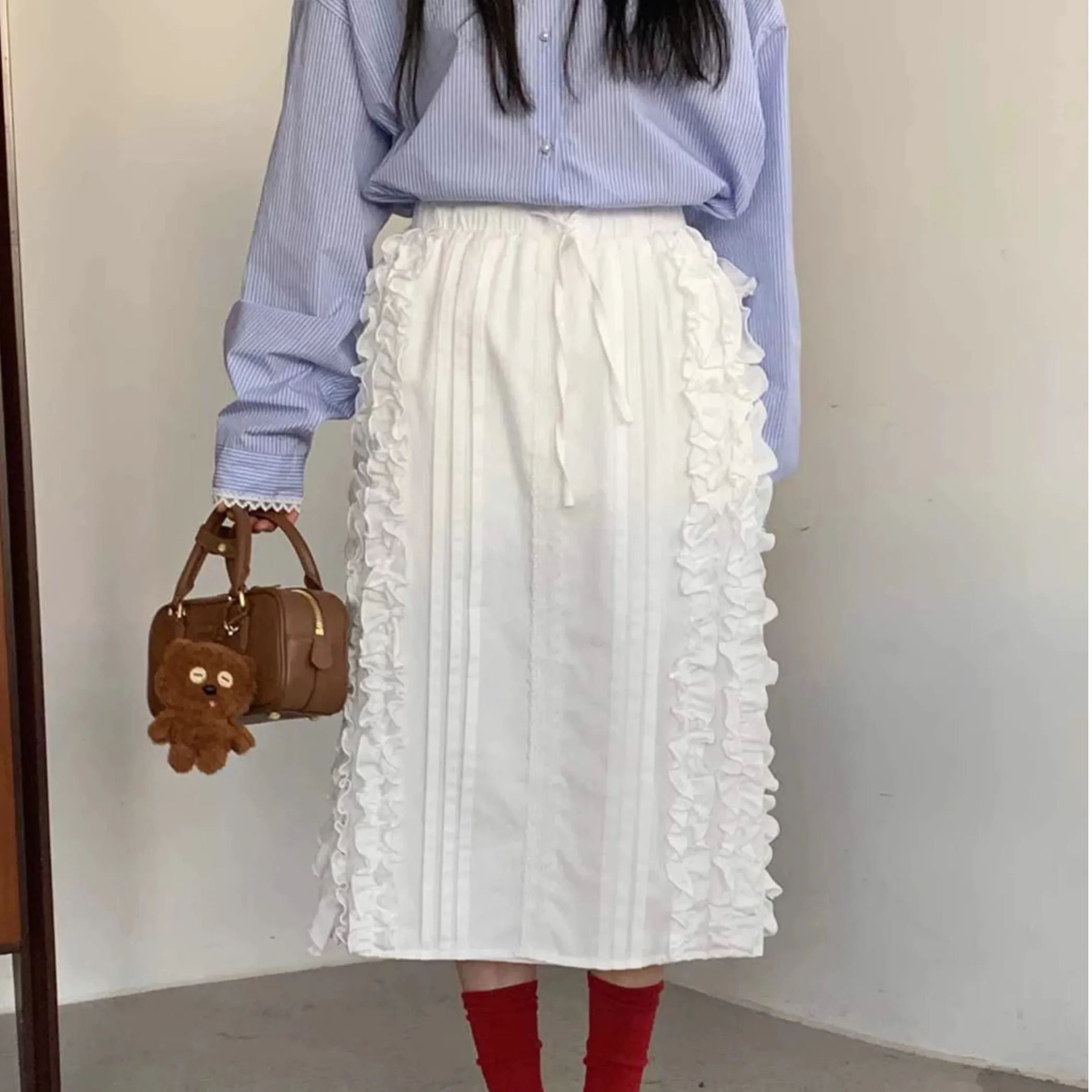 Nimo Home Casual Versatile Personalized Design Wooden  Half Skirt Stripe Shirt Commute Style mid Waist A-Line Skirt