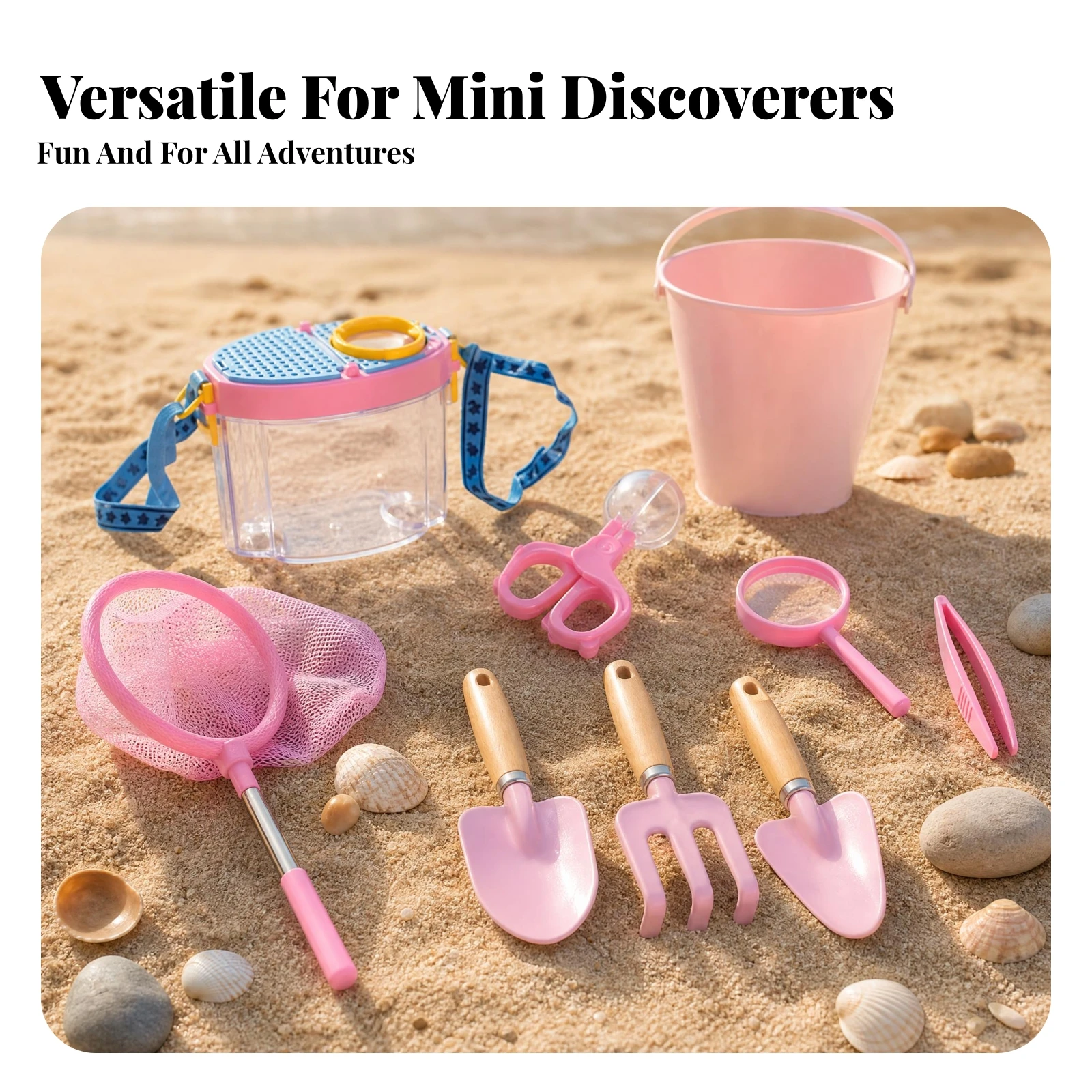 

9 Pieces Seaside Exploration Set Telescopic Beach Explorer Kit Beach Collecting Set Wooden Handles for Children