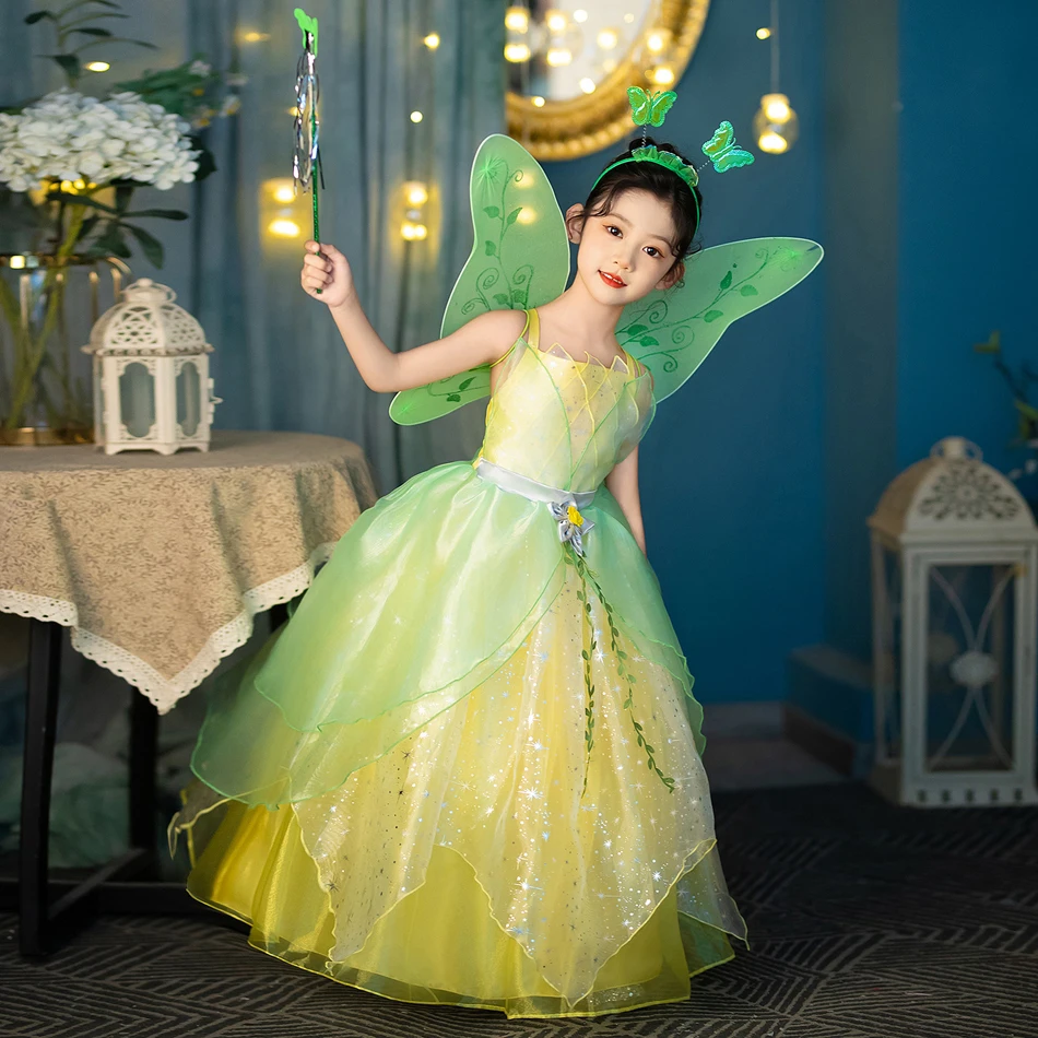 ชุดเจ้าหญิง Tiana สำหรับเด็กผู้หญิง, ชุดเจ้าหญิงและกบชุดเทศกาลฮาโลวีนผ้าเอลฟ์สีเขียวป่าสำหรับงานปาร์ตี้