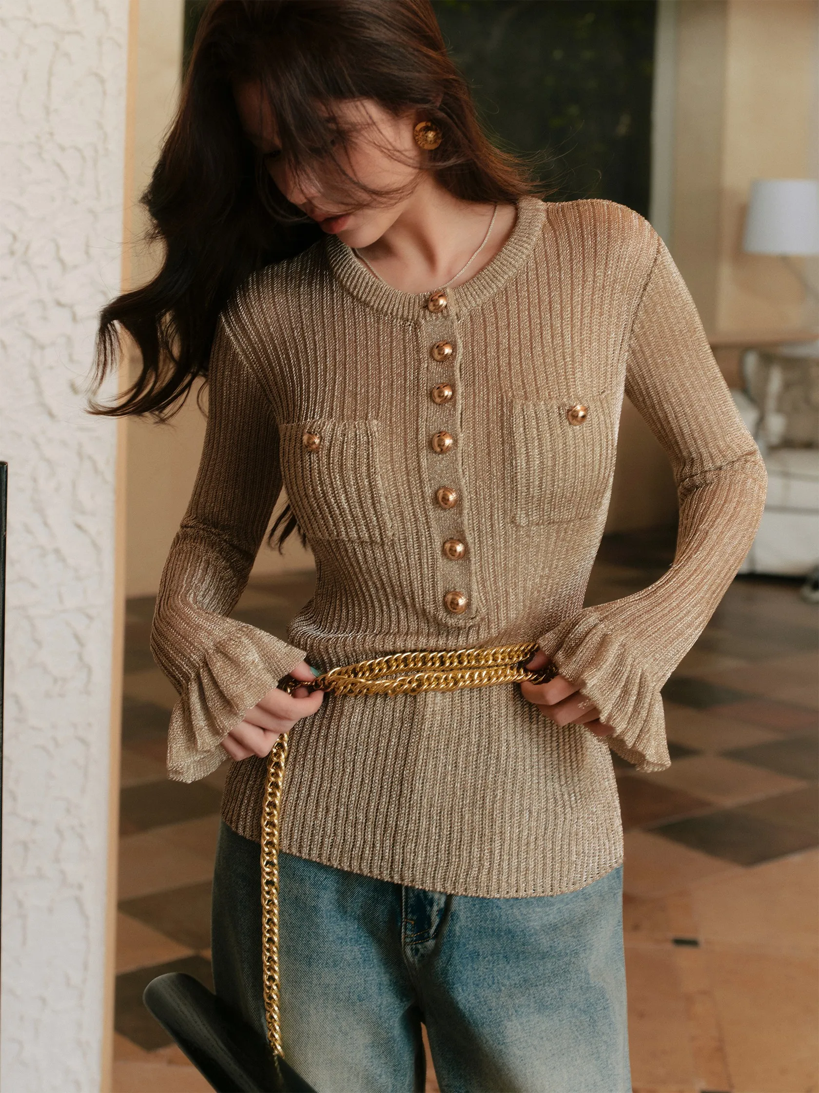 

Golden iny Tead Knitted round Ne Blouse with Lace Sves Casual Sle Slim Fit Cotton Blend Casual Wear for Women