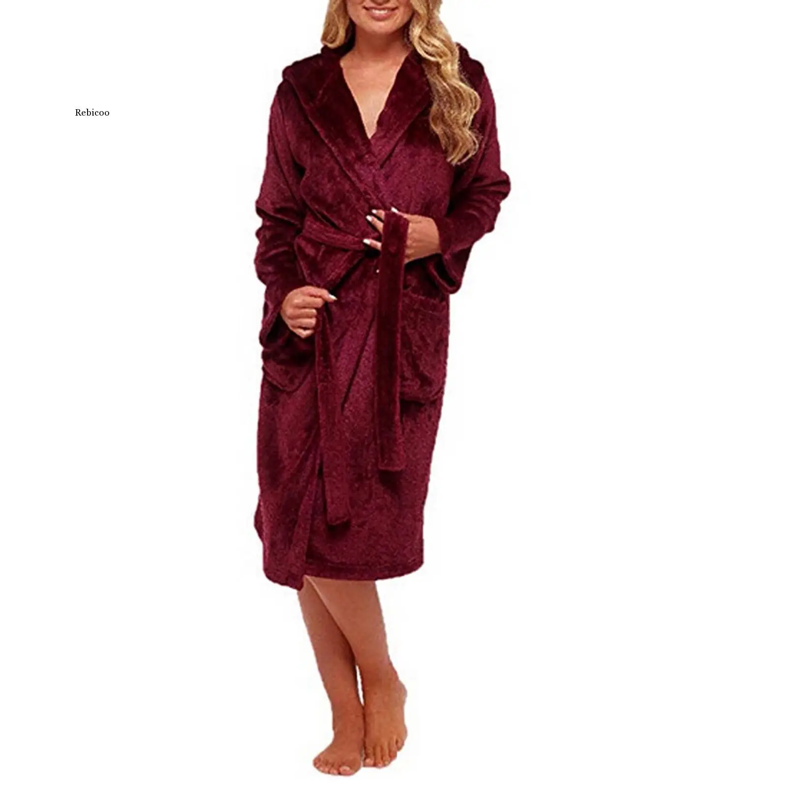 Women Winter Lengthened Plush Shawl Bathrobe Long Sleeve Robe Hooded Bath Robes Sleepwear Winter Thick Warm Pajamas Home Clothes