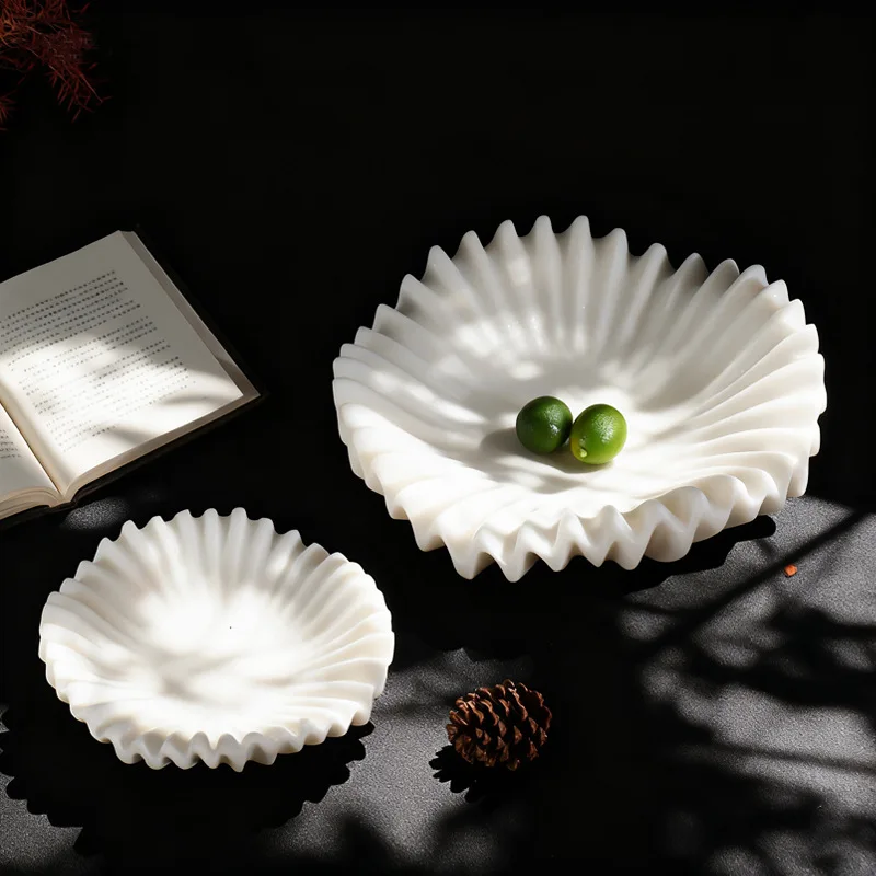 HandCrafted White Marble Ruffle Scalloped Dish for Key Ring Jewelry Decorative Fruit Bowl for Kitchen Counter and Entry Table